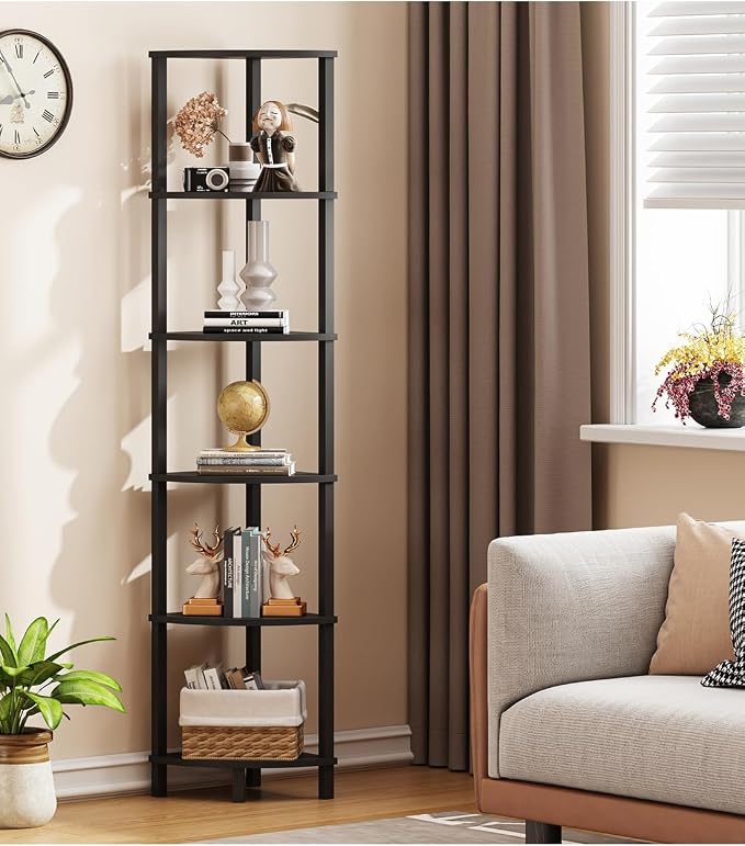 VIMBER Corner Shelf, 6-Tier Corner Bookshelf, Industrial Corner Ladder Shelf, DIY Storage Shelves, Modern Display Shelf for Living Room, Bedroom, Kitchen, Home Office, Black UJSJ004B