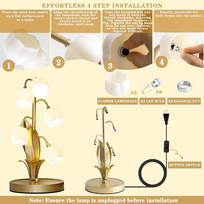 WERFOP Vintage Lily of the Valley Flower Table Lamp | 3 Color Adjustable LED Bedside Lamp, Cute Night Light for Bedroom, Living Room, Dorm Room, Office & Home Decor (Gold)