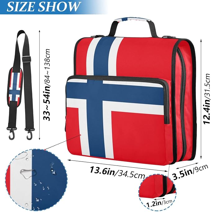 Fisyme Flag of Kingdom Norway Zipper Binder 3 Ring with Zipper and Shoulder Strap Large Capacity Multi-Pocket Binder Organizer