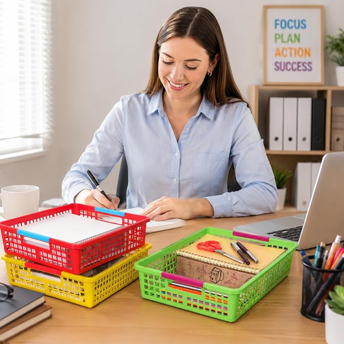 ZZYFGH 6 Pcs Colorful Plastic Classroom Storage Bins, Turn in Trays Classroom for Organizing A4 Papers Trays, Turn in Containers School Teachers Classroom Organization & Storage Supplies
