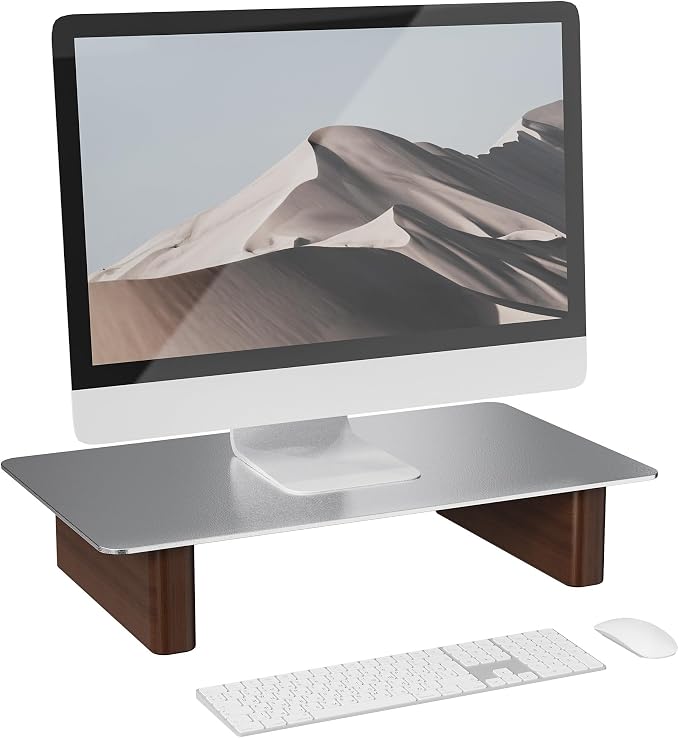 Aluminum Monitor Stand Riser, Ergonomic Desktop Shelf with Wooden Legs - 15.75” Wide Heavy Duty Computer Stand for Home Office, Universal Desktop Monitor Riser for PC, iMac, MacBook, Laptop