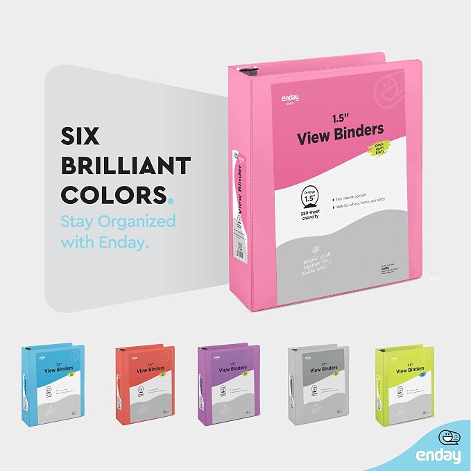 Enday 1.5 Inch Binder (6 Pack - Pink) 3 Ring Binder 1.5 inch with Clear View Cover and 2 Inside Pocket - for Letter Size 8.5 x 11'' Paper, Ideal for School Supplies, Office, and Home