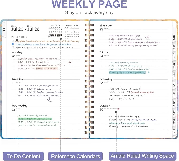 Planner 2026-2027, Weekly and Monthly Academic Year Calendar Planner, July 2026 - June 2027, Daily Agenda Book for Office School Supplies, A5(6.3'' x 8.5'')