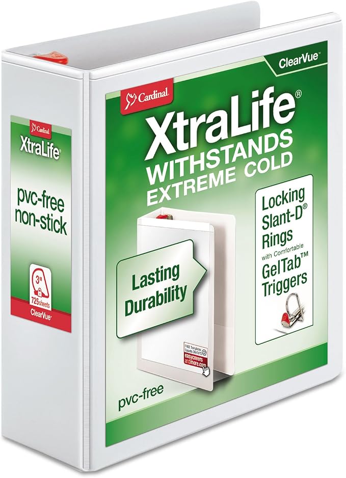 Cardinal 3 Ring Binder, 1.5 Inch Heavy Duty XtraLife Binder, Locking Slant-D Rings, Crack-Resistant Cover & Spine, ClearVue Covers, Holds 375 Sheets, PVC-Free, White (26310)