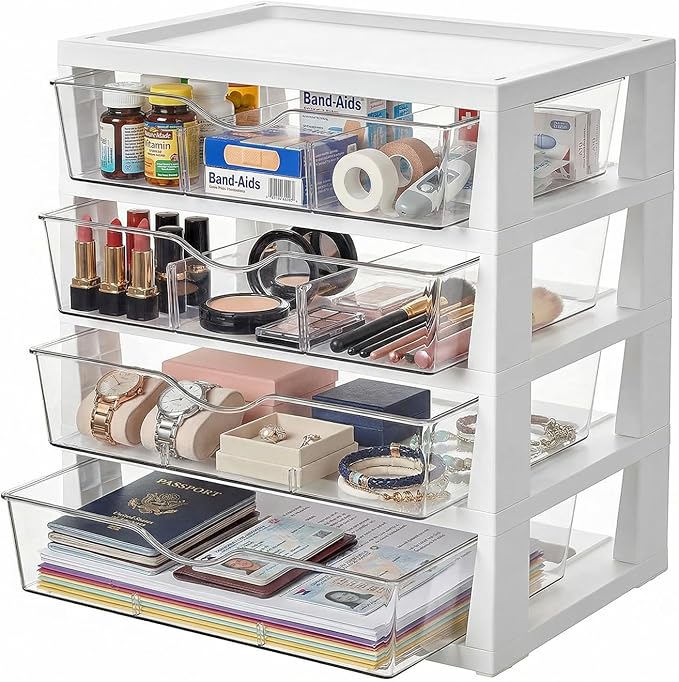 novelinks Drawer Organizer, 4-Tier Paper Organizer Drawers with Dividers | Plastic Desk Organizers and Accessories with Drawers, Under Desk Drawer, File Organizer for Desk, Office Supply Organizer