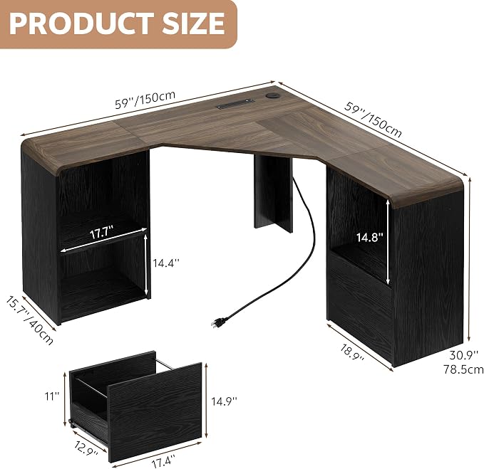 59'' Reversible L-Shaped Computer Desk, Black | Corner Desk w/ Fluted Storage, Sliding Doors, Drawers & 4AC+USB-C. Reversible Fits Any Room Layout For Home Office