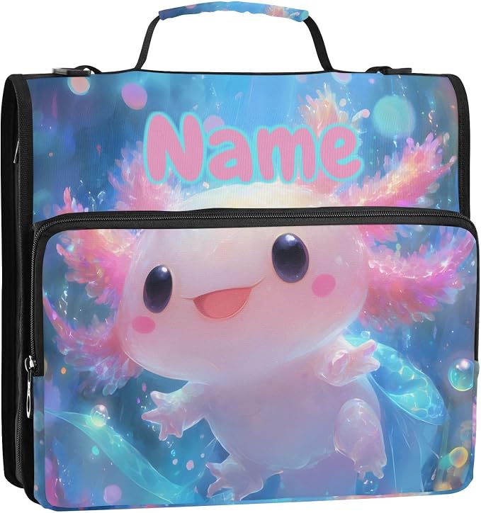 Custom Shiny Axolotl 3 Ring Binder Bag 1.5 inch Personalized Name Binder Organizer 500 Sheet Documents Storage for School Office