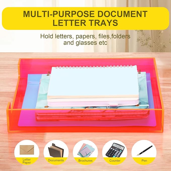 Paper Tray Acrylic File Organizer for Desk Letter Tray Desk Organizer Document Holder Sorter Storage for A4 Office Supplies Magazines, 13.8x10.6x2.4 Inches, Neon Pink