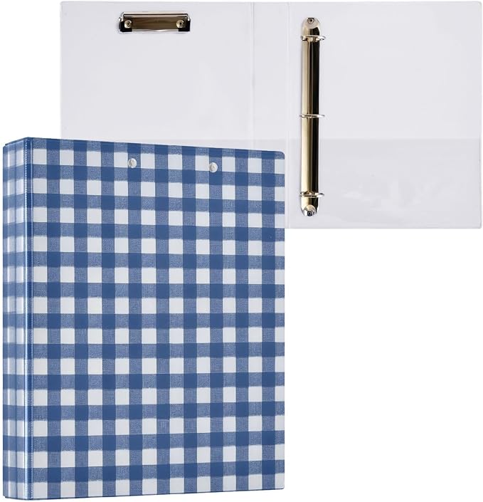 3 Ring Binder with Blue & White Gingham Design - 1.5 Inch Heavy Duty Three-Ring Binder with 2 Pockets, Round Rings for Office Supplies (Letter Size)