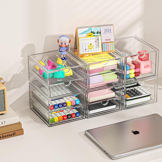 4-Pack 4-Drawer Acrylic Storage Organizer for Desk, Crafts,Vanity | Smooth-glide drawers, clear body, dustproof, wipe clean, for paintbrushes, beads, sequins, googly eyes, embroidery floss
