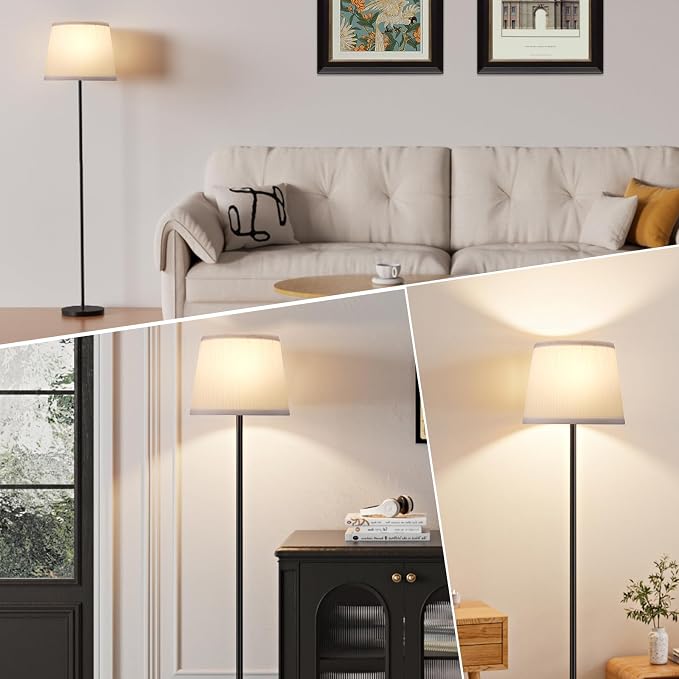 60'' Modern Floor Lamp with Shade, Tall Lamps for Living Room, Bedroom, Office, Dining Room, Pleated Fabric White Lampshade(Without Bulb)