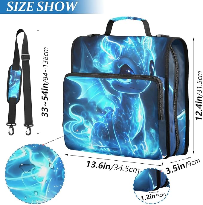 3 D-Ring Zipper Binder Bag, Cartoon Blue Glowing Dragon Removable Binder with Zipper Case Hold 300+ Sheets& 13 Inch Laptop for School Office Supplies Organizer