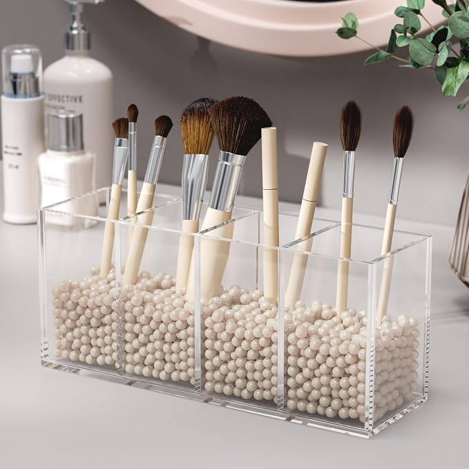 NIUBEE Acrylic Pen Holder 4 Compartments, Clear Desk Pencil Organizer Cup | Scratch-resistant thick acrylic with 4 slots for pens, pencils, makeup brushes, office, vanity and school use