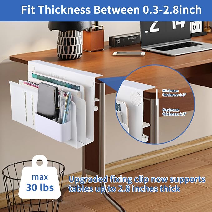 LUKETURE 2 Tier Desk Side Storage, No Drill Laptop Mount with Pen Holder | Fits Flat Edge Desks 0.3 to 2.8 Inches,Secure Grip on Wood, Glass, or Metal Surfaces Without Slipping