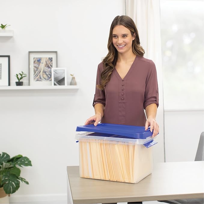 Bankers Box 20-Inch Heavy-Duty Plastic File Box, Letter | Protect letter files in a tough plastic box with hanging rails that keeps documents portable, organized, and secure.