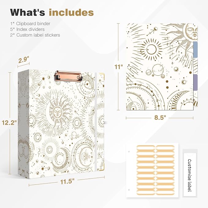 Ospelelf 3 Ring Binder, 2 Inch Letter Size (11" x 8.5") with 5 Tab Dividers, File Folder Labels and Low Profile Clipboards, Tarot Cards Binder for School and Office Supplies