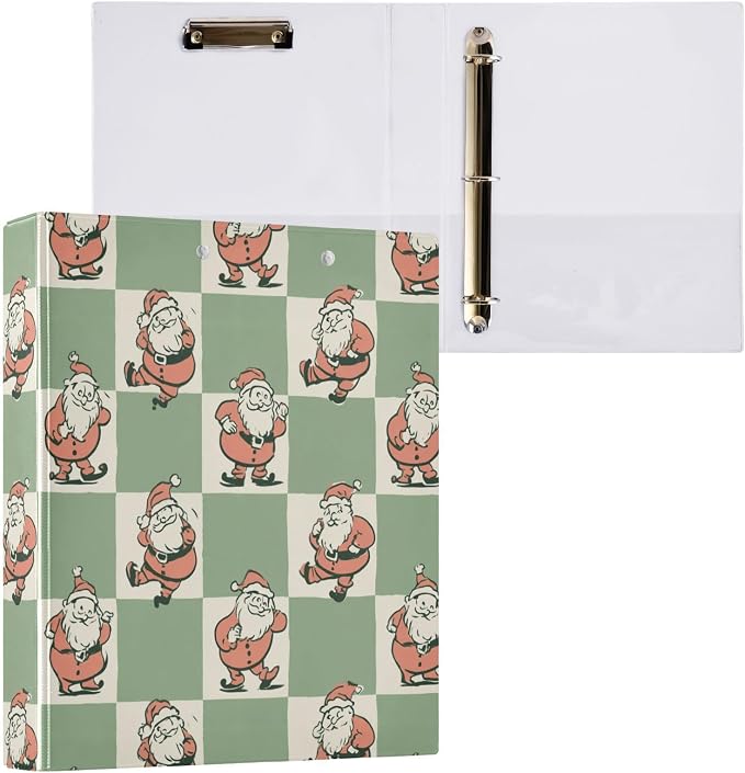 Green Checkered Funny Santa Claus Binder 3 Ring 1.5 Inch Binder with Clipboard&Pockets, Hardcover Binders Heavy Duty Large File Folder for Office School Supplies - Holds 200 Sheets