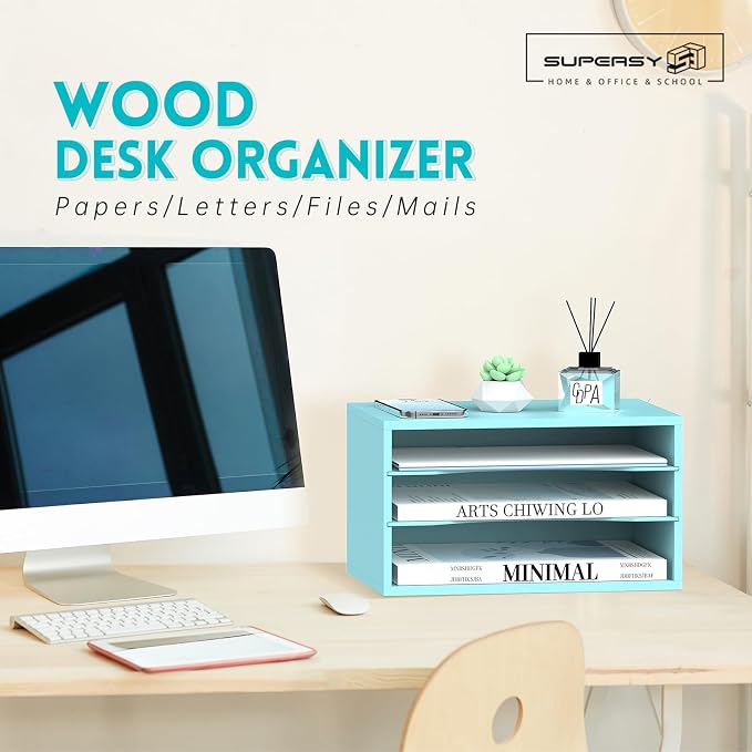 3 Tier Wood Desk Organizer, Mail Sorter and Paper Organizer for Desk, Blue | Wooden Desktop Organizer for Sorting Papers, Letters and Mails, Literature Organizer for Home Office, Classroom Organization
