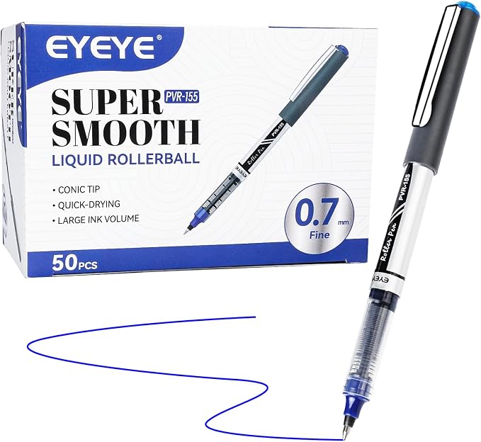 EYEYE Blue Rollerball Pens Pack of 50, 0.7mm Fine Point Roller Ball Pen | Back to School Essential, Quick Drying, Liquid Ink Pens Fine Point Smooth Writing Pen for Journaling, Office Supplies