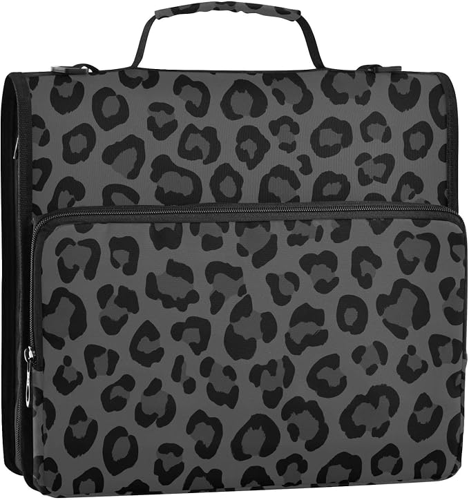 Leopard Gray Black Pattern 3 Ring Zipper Binder with Shoulder Strap & Handle 1.5 Inch D-Ring Zippered Bag with Pencil Pouch,Expanding File Folder, Binder Organizer for School or Office
