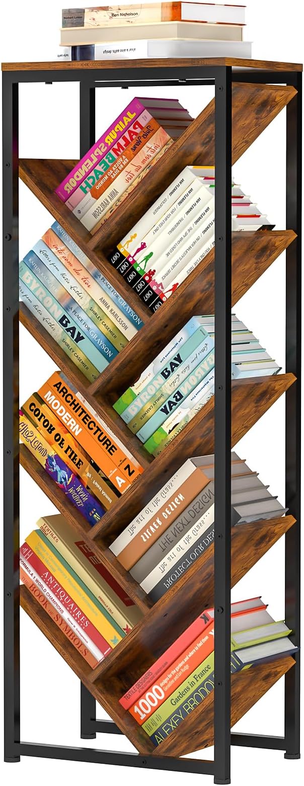 Cutogxon Tree Bookshelf - 9 Tier Floor Standing Tree Book Storage Organizer with Adjustable Feet for Hardcover Books, Vintage Living Room