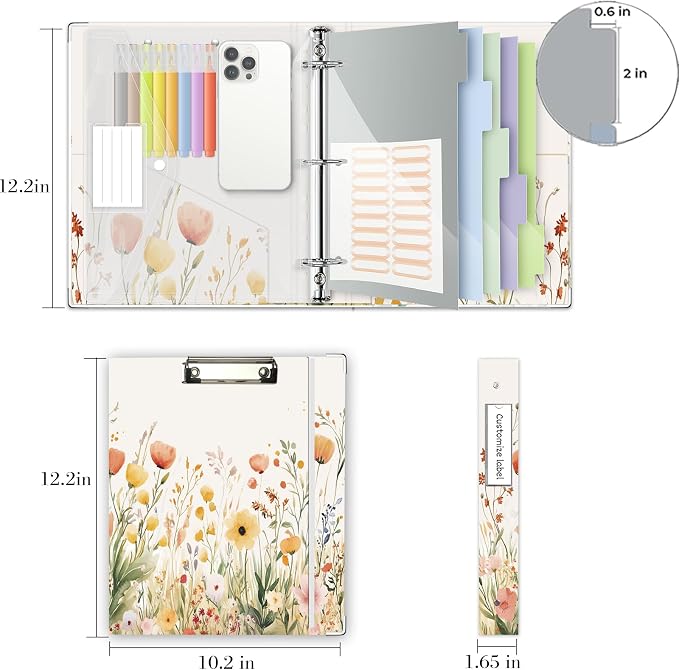 3 Ring 1 Inch Binder Organizer, BVSSX Three Ring Binders with Clipboard, 5-Tabs Pockets Dividers, Plastic Folder, 18 Divider Stikers,Pen Loop (Weeds, Letter Size)