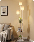 Floor Lamp with Shelves, Modern Floor Lamp with 3 Linen Shades and Foot Switch, 3-Light Standing Lamp, for Living Room, Bedroom, Study, Office, White W53LD05