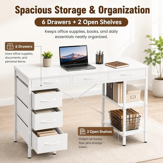 Simple Deluxe Computer Desk with 6 Drawers, 55 Inch Office Workstation with Storage Shelves, Reversible Corner Gaming Table, Home Office Study Desk with Fabric Organizer, White
