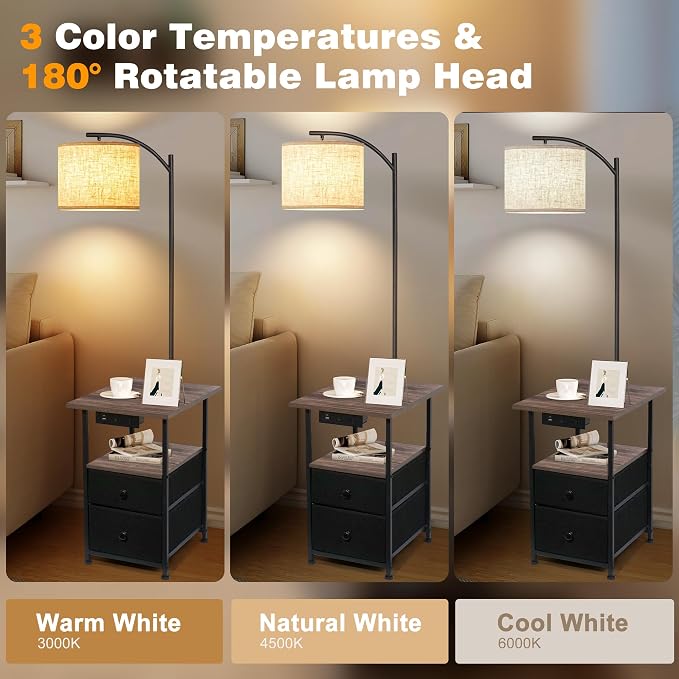 PESRAE Floor Lamp with Table & 2 Drawers, End Table with 3 Color Temperature Reading Light, Side Table Lamp with USB & Type C & AC Charging Port for Bedoom, Home Office