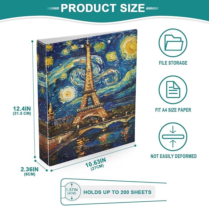 3 Ring Binder Paris Tower Skyline Night 1.5" Round Ring Binders View Binder with 200 Sheet for Kids School Supplies Women Men Office, 1 Pack