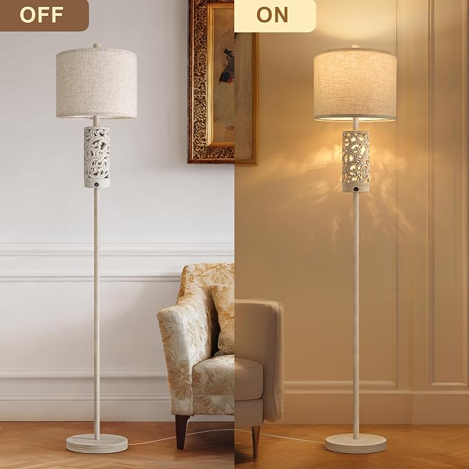 65“ Farmhouse Floor Lamp for Living Room, Rustic Floor Lamp with Main&Night Light,Linen Shade&Dual Switches, Standing Lamp for Bedroom Office Corner Dining Room, Wood Pole Lamp