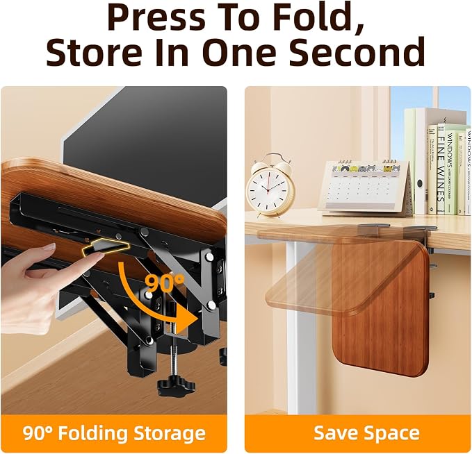 Ergonomic Wood Desk Extender Tray, Foldable Elbow Wrist Rest Shelf | 8.2"x7.6" Clamp On, 90° Adjustable, Space Saving Table Mount Arm Support for Office Home Working,Fits Up To 1.77in Thick Desk