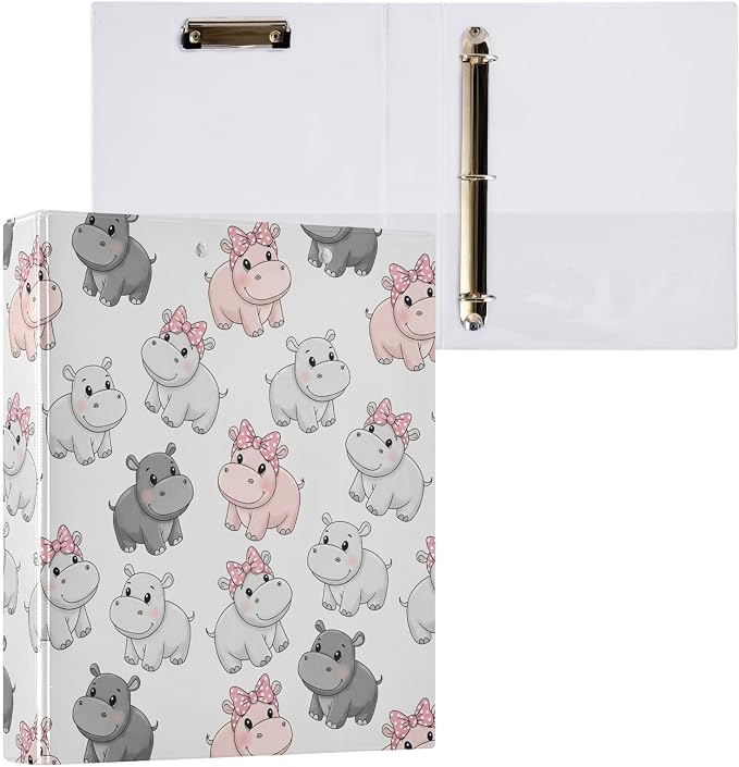3 Ring Binder 1.5 Inch Hippo Cartoon Three Ring Binder Cute Binder with 3 Storage Pockets for Women School Office Supplies