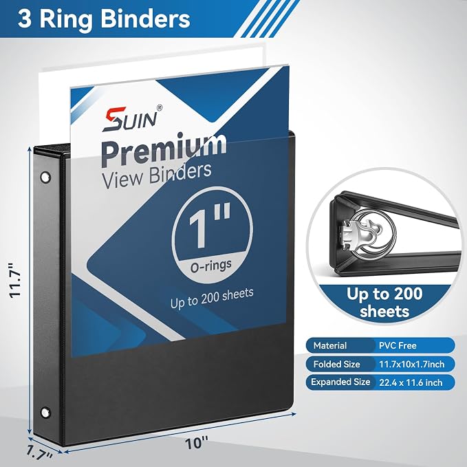 SUIN 1-inch 3 Ring Binder with 2 Interior Pockets, 1''Durable Binders Holds US Letter Size 8.5'' x 11'' Paper - Versatile Binders for Office, Home, and School Use, 6 Pack Black