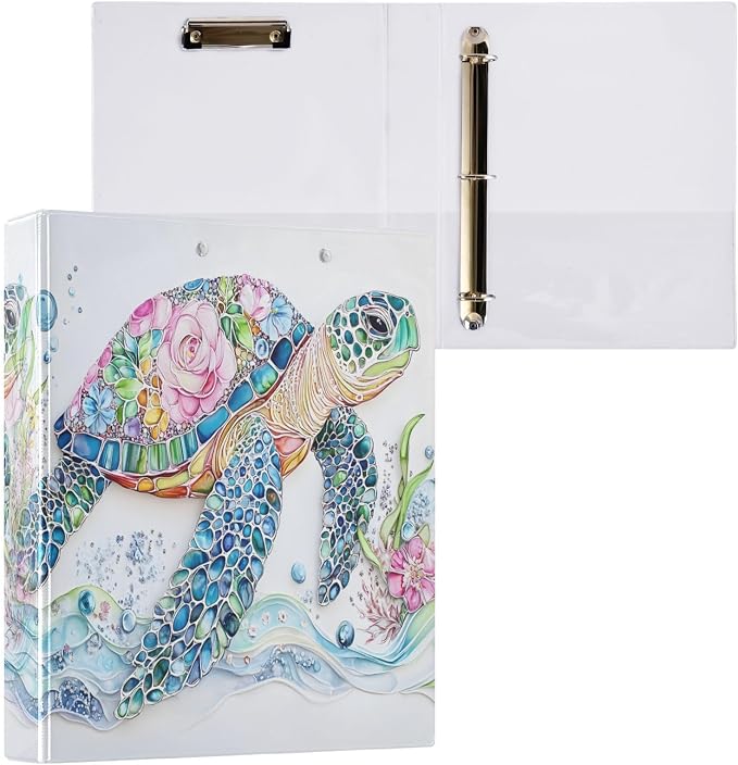 3 Ring Binder Sea Turtle Floral Ocean Map Nautical Coastal 1.5 inch Binders Three Ring Binders with Clipboard Fit 8.5'' x 11'' Paper 3 Interior PVC Clear Pockets for Office Supplies