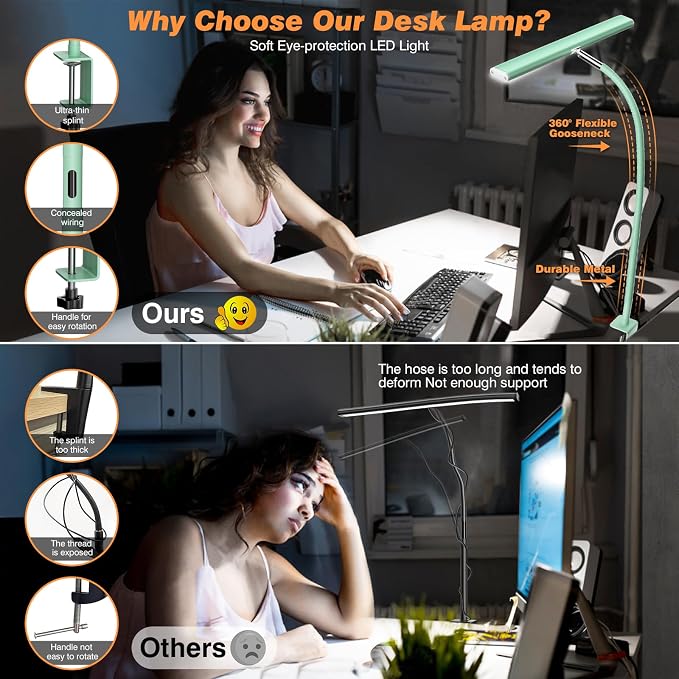 Airlonv LED Desk Lamp with Clamp, 17" Stepless Dimming Light, Mint Green | 2700K-6500K, 100 LEDs, 360° Gooseneck, Fits Up to 30" Monitors, Flicker-Free Lighting for Home Office, Study& Workbench