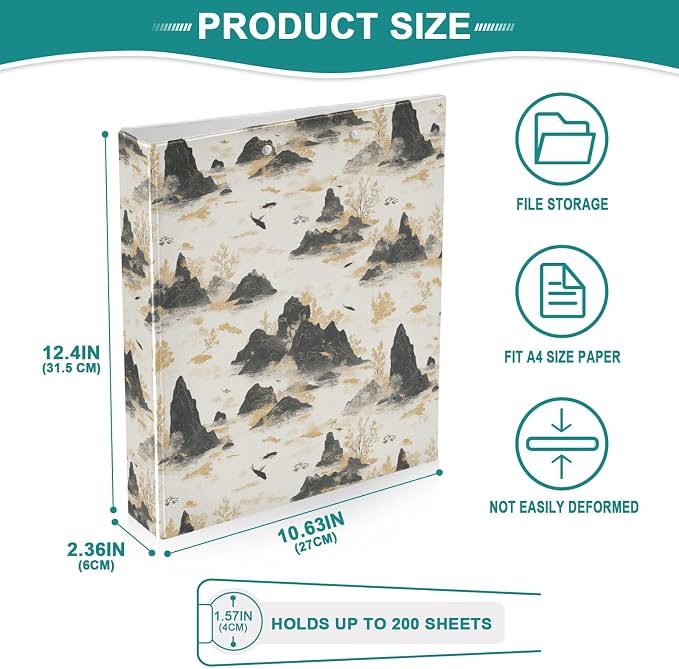Chinese Landscape Mountain Tree Binder 1.5 Inch Binder with Clipboard&Pockets, Ink Painting Hardcover Binders 3 Ring, Heavy Duty Large File Folder for Office School Supplies - Holds 200 Sheets