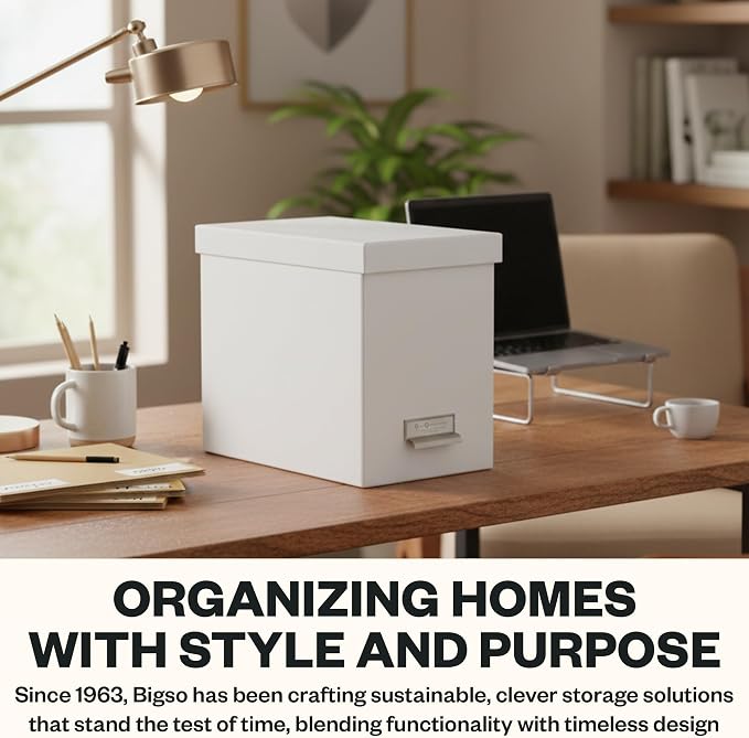 Bigso John Fiberboard Label Frame Desktop File Storage Box - Document Organizer for Important Paperwork - Durable Hanging File Box with Lid & Metal Label Window - 7.36 x 13.38 x 10.51 in - White - 2pk