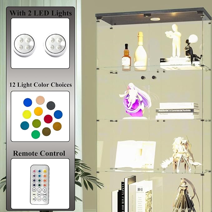 Frameless Glass Display Cabinet, Curio Cabinet Display Case with LED Lights and Lock, 2 Doors Quick-Install Floor Standing Showcase Display Shelf for Collectibles, Legos, Figures, Plants