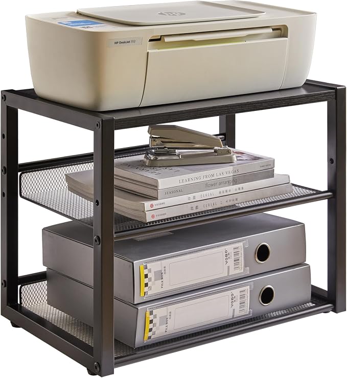 YMYNY Desktop Printer Stand, Rustic Brown 17.32 x 13.78 x 11.02 in UHPT001H | 3 Tiers Desk Organizer with Adjustable Storage Shelves, Multi-Purpose Printer Shelf for Home Office, Fax Machine, Scanner