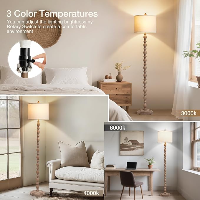 Luvkczc 62" Farmhouse Floor Lamp for Living Room & Bedroom - Adjustable Color Temperature Standing Lamp, Vintage Rustic Tall Floor Lamps with Rotary Switch, Resin Corner Lamps for Office (Dark Brown)