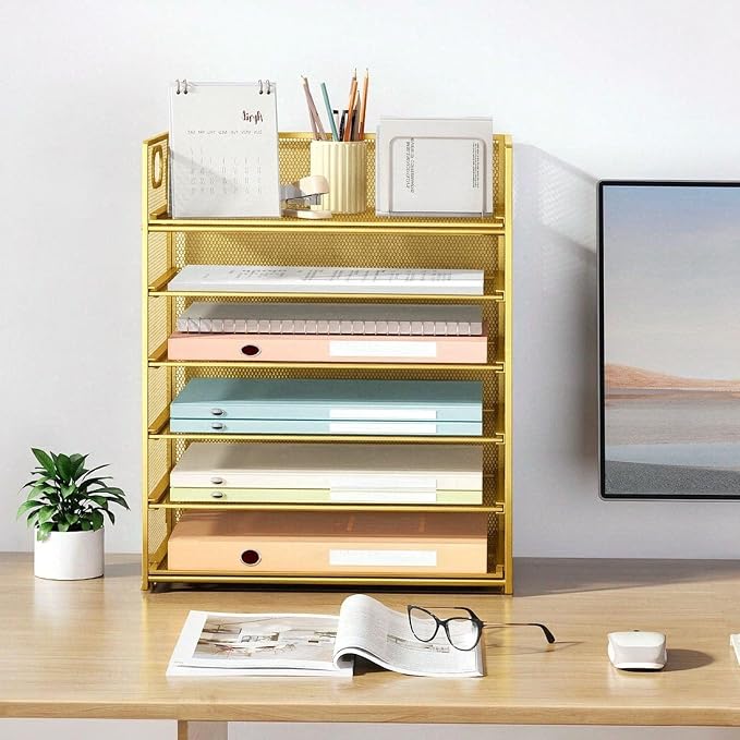 6 Trays Paper Organizer with Handle - Mesh Desk File/Letter Paper Sorter Organizer for Office, Home or School (Gold)