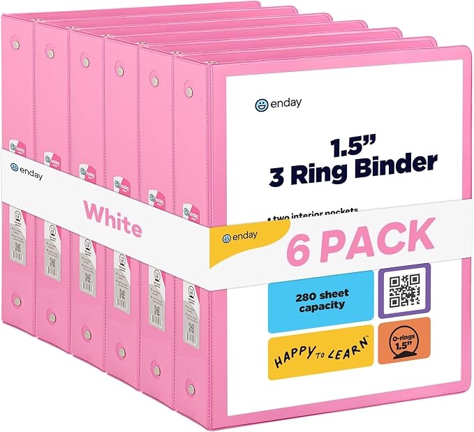 Enday 1.5 Inch Binder (6 Pack - Pink) 3 Ring Binder 1.5 inch with Clear View Cover and 2 Inside Pocket - for Letter Size 8.5 x 11'' Paper, Ideal for School Supplies, Office, and Home