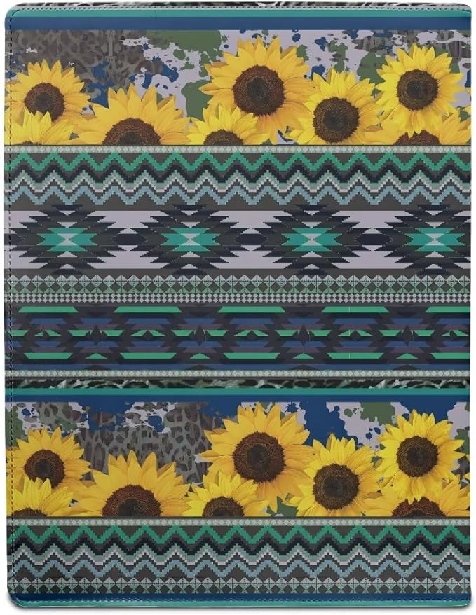 Dreaweet Sunflower Aztec Print Padfolio for Women Green Leather Portfolio Binder,Interview Legal Document Organizer with Pen Slots Business Card Holder Letter Sized Writing Pad