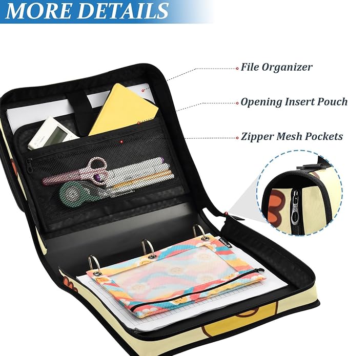 3 Ring Zipper Binder with Shoulder Strap Cute Chicken Yellow Farm 1.5 inch Binders Keeper Large Capacity Multi Pockets for School Office Supplies