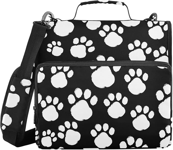 White Black Paws Print 3 Ring Binder Bag 1.5 inch Binder Organizer with Zipper Shoulder Strap 500 Sheet Documents Storage for School Office