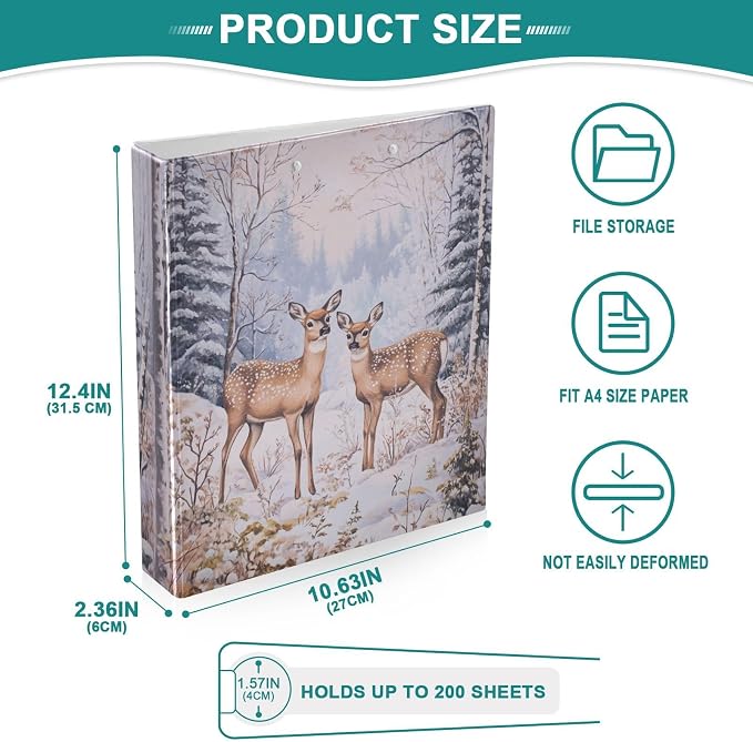 Winter Deer Pine Tree Forest 3 Ring Binder 1.5" Decorative D-Ring Binder with Clipboard&3 Clear Pockets, Holds 200 Sheets A4 Size Paper Waterproof Binders for School Home Office|2 Pack