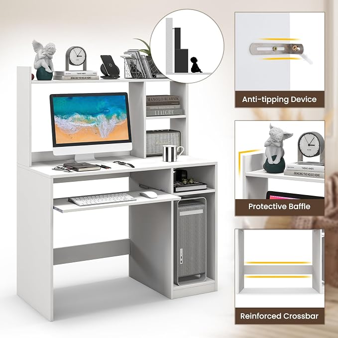 GIANTEX Computer Desk with Hutch, 43.5 Inch Home Office Desk with Keyboard Tray & Charging Station, Laptop PC Table for Workstation, Modern Study Writing Desk for Small Space, Bedroom, White