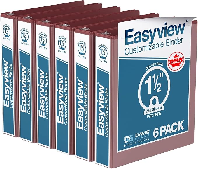 Easyview Premium 3-Ring Binders with Clear-View Covers and Round Rings, Binders for School or Office, 1.5 Inch, Pack of 6, Burgundy