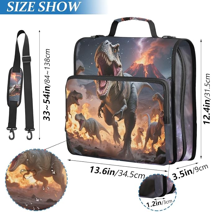 Dinosaurs Roar 3 Ring Binder Bag 1.5 inch Binder Organizer with Zipper Shoulder Strap 500 Sheet Documents Storage for School Office